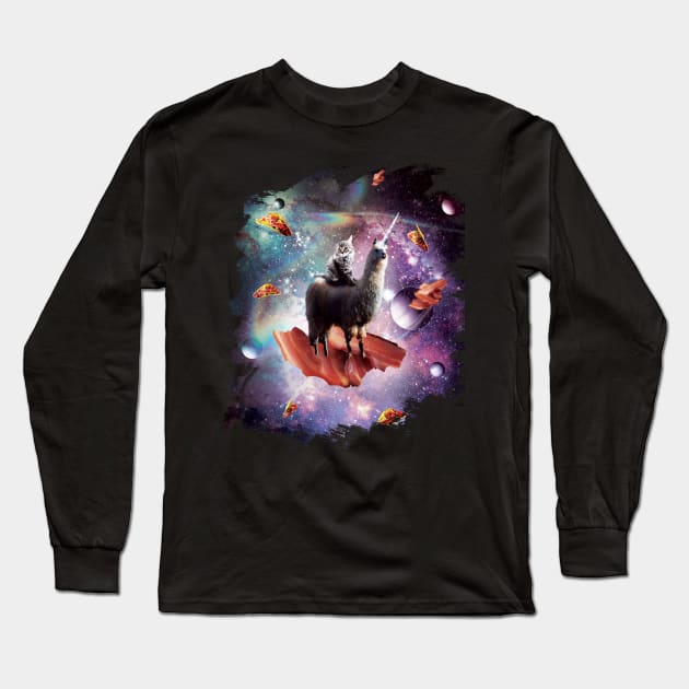 Space Cat Riding Llama Unicorn - Bacon & Taco Long Sleeve T-Shirt by Random Galaxy